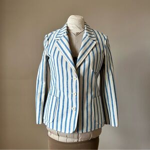 Ann Klein Blue and White Striped Blazer with Notched Lapel